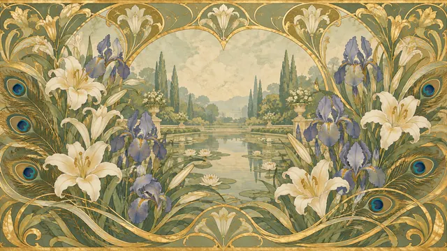 Art Nouveau Iris Garden: AI remake of Decorative panels by Alphonse Mucha